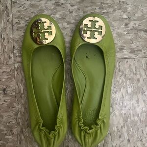 Tory Burch Olive Green Flats with Gold Emblem